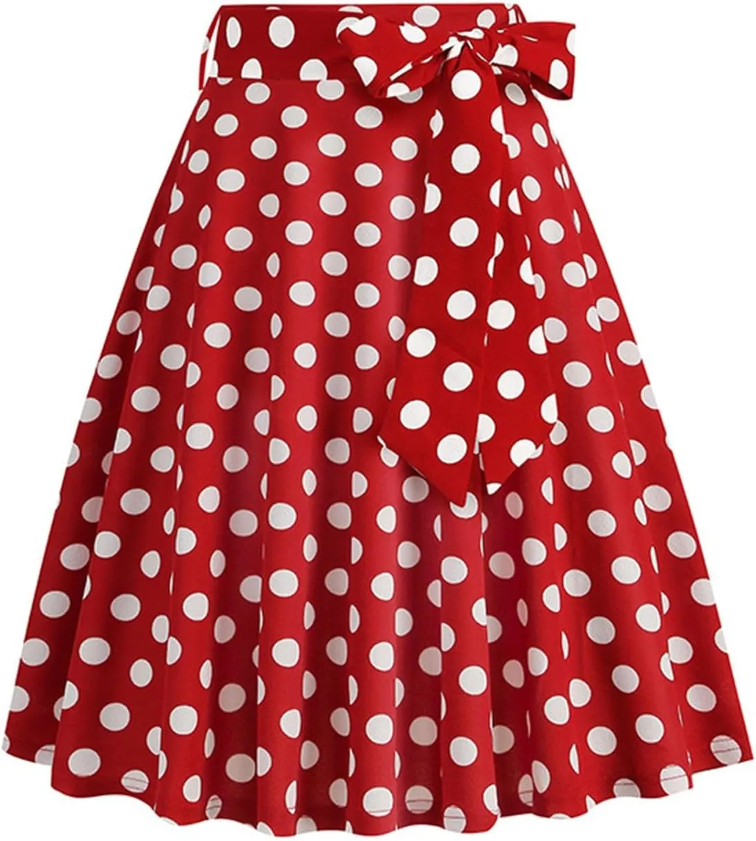 Women 50s Vintage Polka Dot A Line Pleated Midi Skirt Tie Up High Wiast Knee Length Flared Skirt Cocktail Swing Skirts