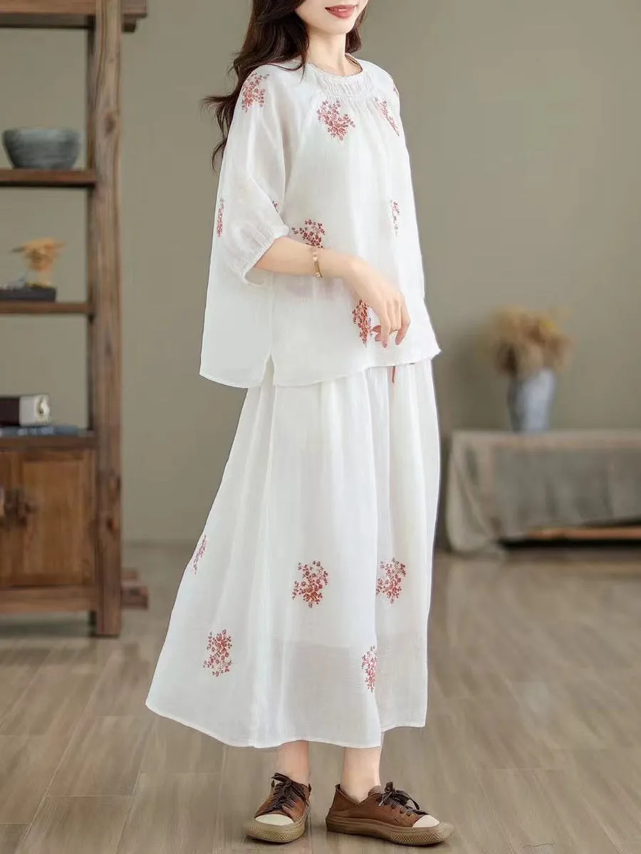 Women Artsy Summer Embroidery Ramie Shirt Skirt XX1037