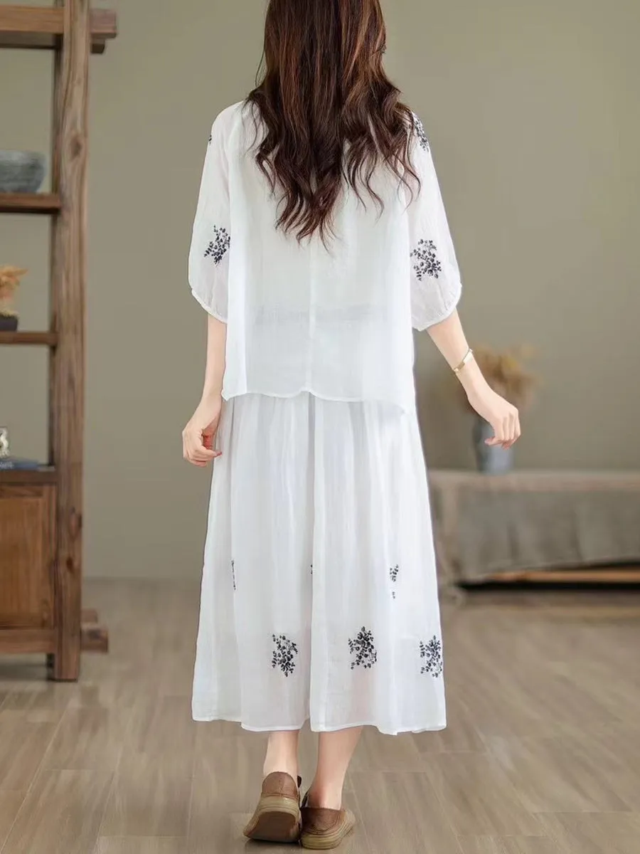 Women Artsy Summer Embroidery Ramie Shirt Skirt XX1037