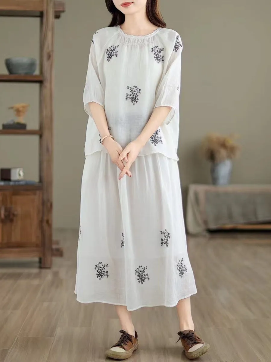 Women Artsy Summer Embroidery Ramie Shirt Skirt XX1037