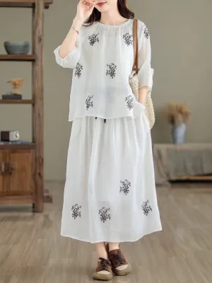 Women Artsy Summer Embroidery Ramie Shirt Skirt XX1037