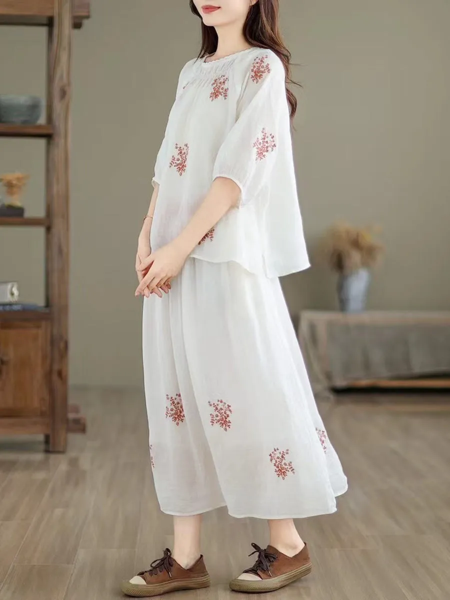 Women Artsy Summer Embroidery Ramie Shirt Skirt XX1037
