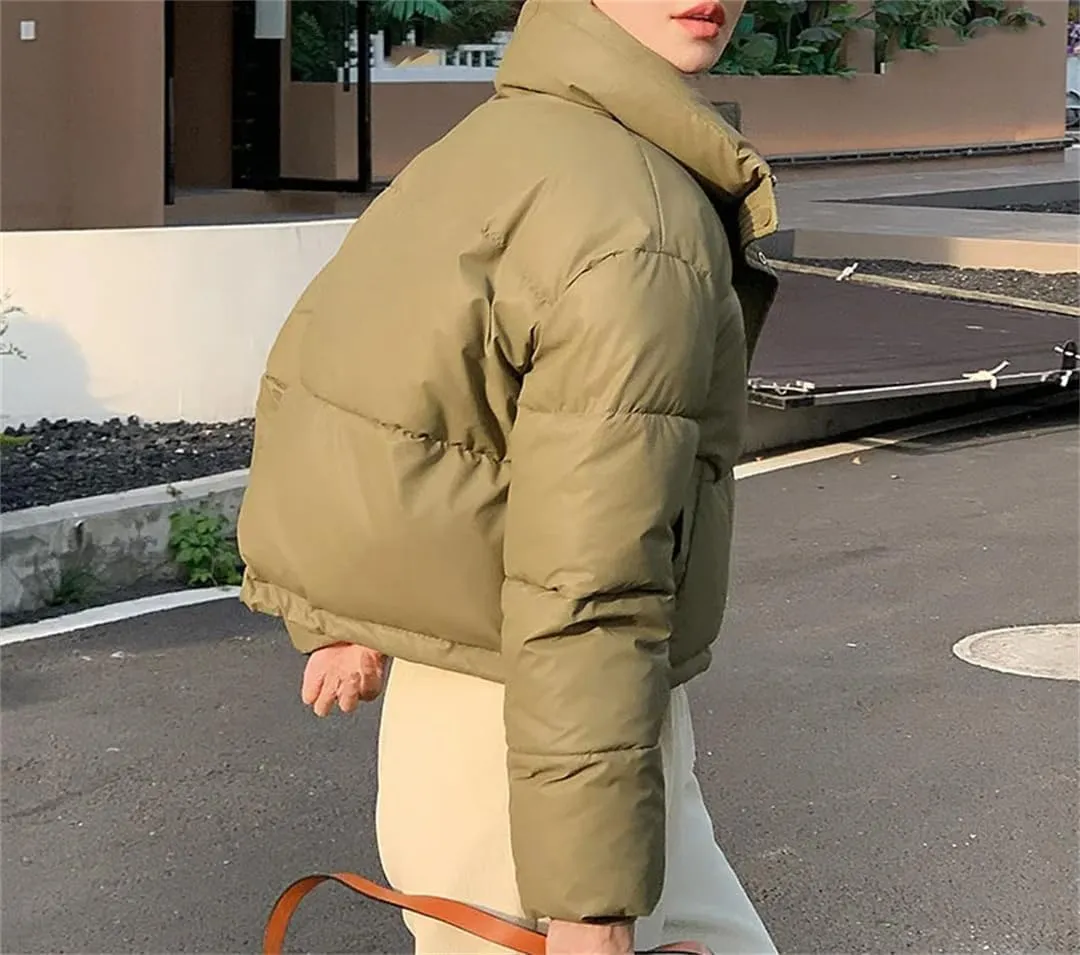 Women Clothes Cropped Jackets Parkas Warm Stand Coat Zipper Puffer Jacket Fashion Cotton-Padded