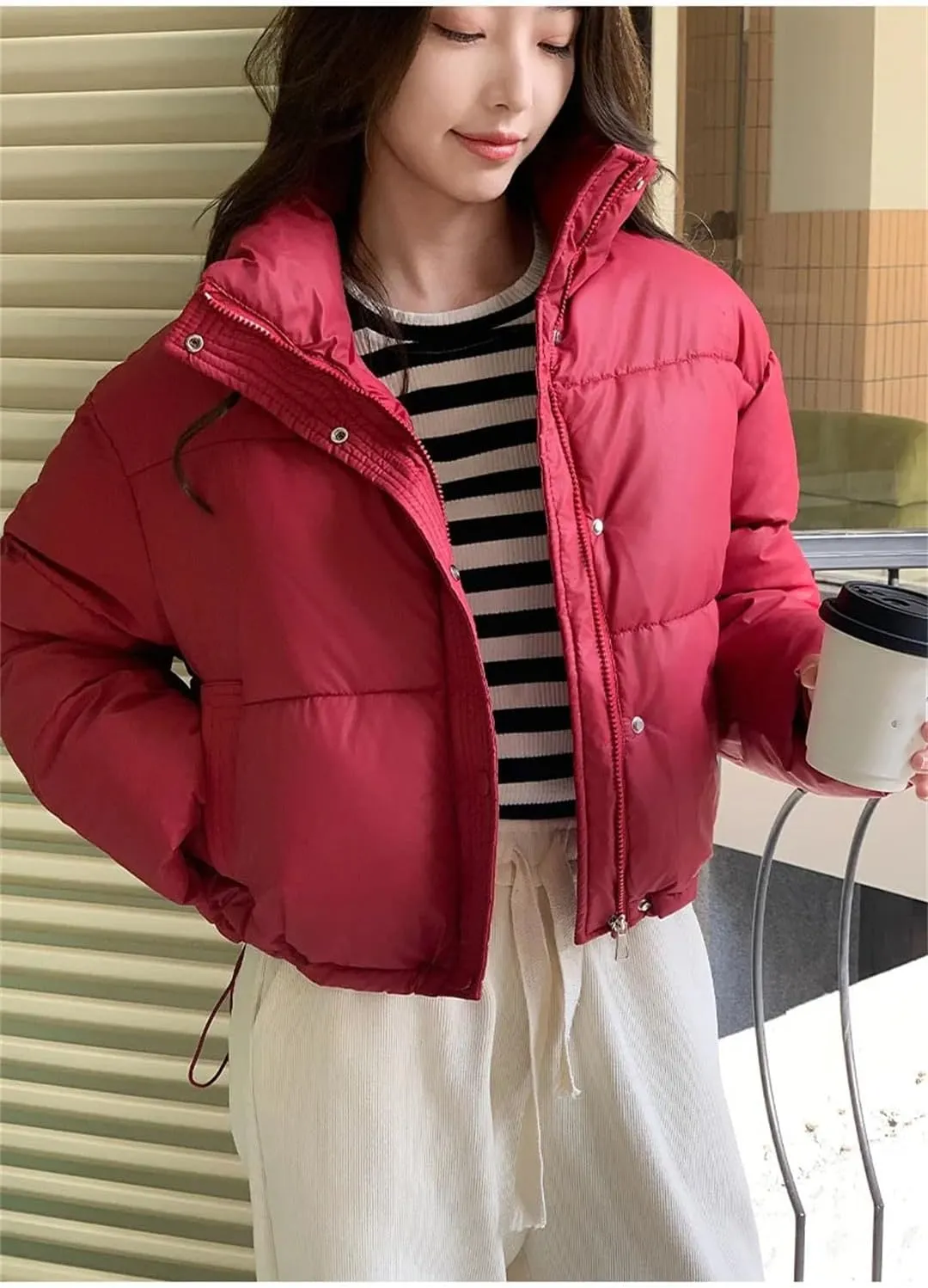Women Clothes Cropped Jackets Parkas Warm Stand Coat Zipper Puffer Jacket Fashion Cotton-Padded