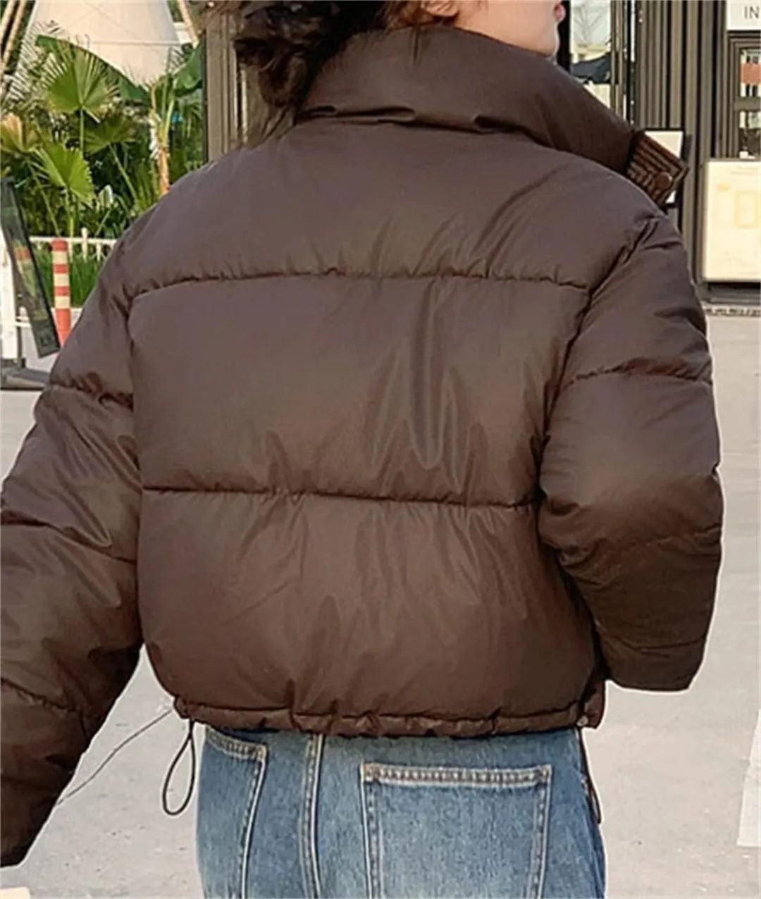 Women Clothes Cropped Jackets Parkas Warm Stand Coat Zipper Puffer Jacket Fashion Cotton-Padded