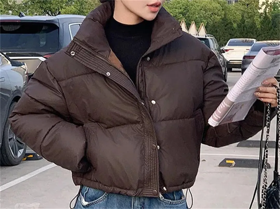 Women Clothes Cropped Jackets Parkas Warm Stand Coat Zipper Puffer Jacket Fashion Cotton-Padded