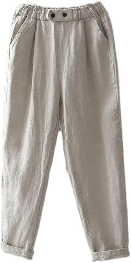 Women Cotton Linen Ankle-Length Trousers Female Elastic Waist Casual Loose Solid Harem Pants