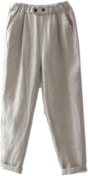 Women Cotton Linen Ankle-Length Trousers Female Elastic Waist Casual Loose Solid Harem Pants