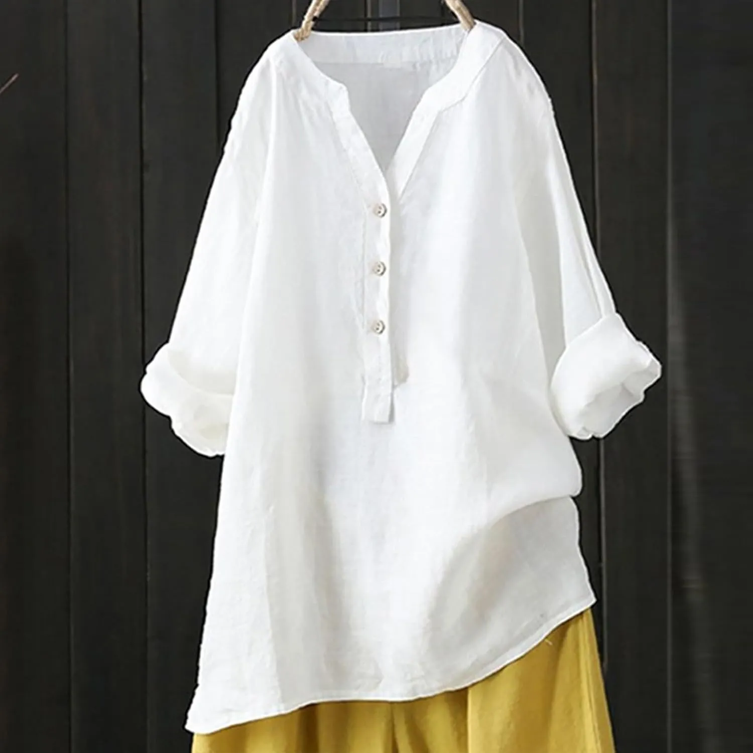Women Cotton Linen Shirts 2025 Summer Trendy Long Sleeve Button V Neck Tops Plus Size Loose Casual Pullover Blouses