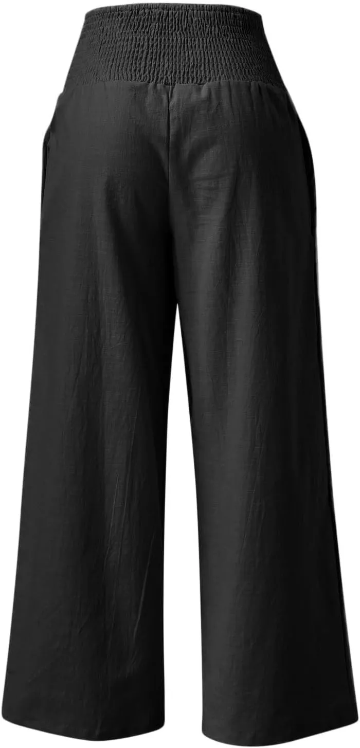 Women Cotton Linen Summer Drawstring Pants Elastic Waist Stretchy Slim Fit Pant Trousers Trendy