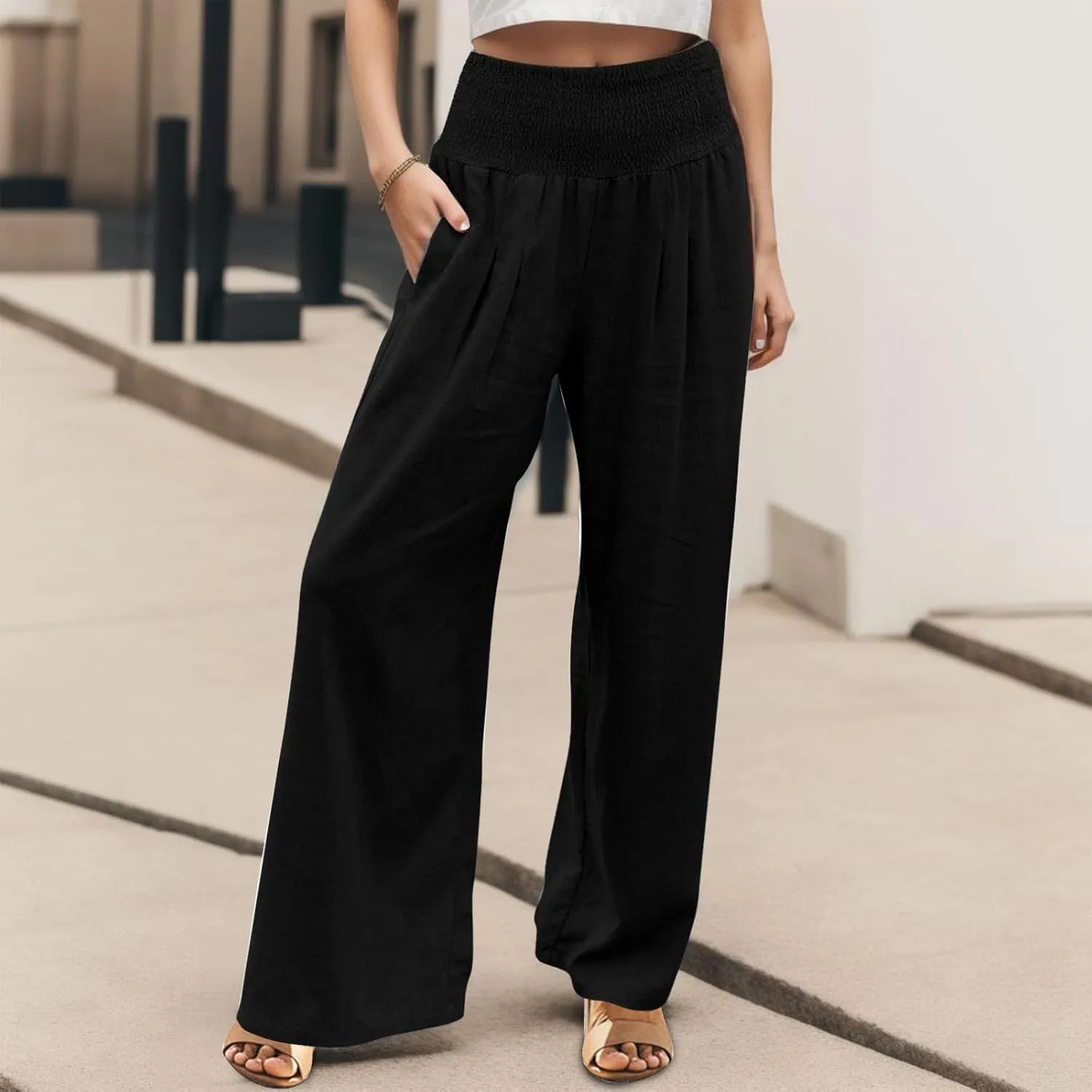 Women Cotton Linen Summer Drawstring Pants Elastic Waist Stretchy Slim Fit Pant Trousers Trendy