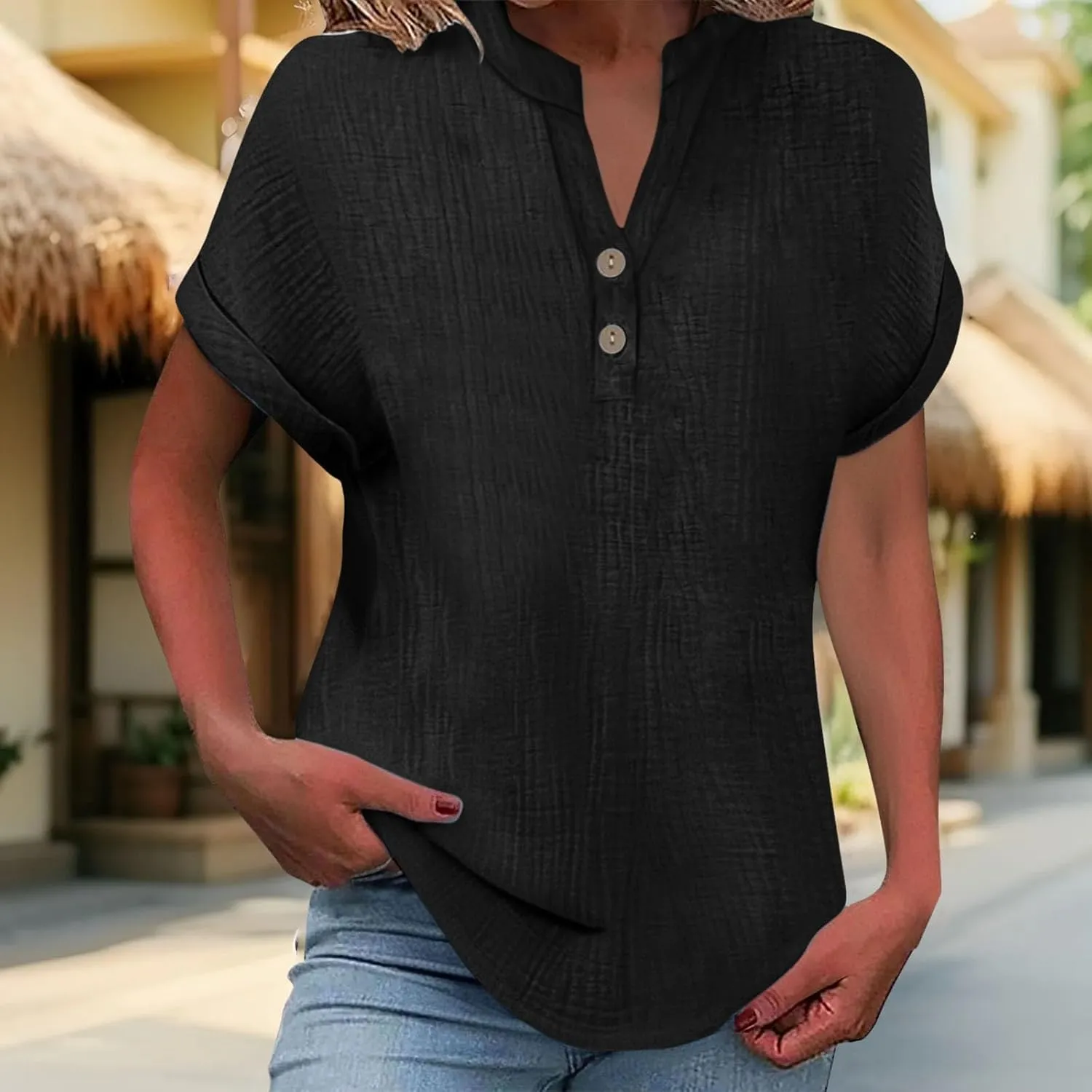 Women Cotton Linen V Neck Shirts Half Button Short Sleeve Rolled Up Work Tops Lightweight Vintage Blouses