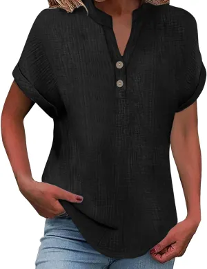 Women Cotton Linen V Neck Shirts Half Button Short Sleeve Rolled Up Work Tops Lightweight Vintage Blouses