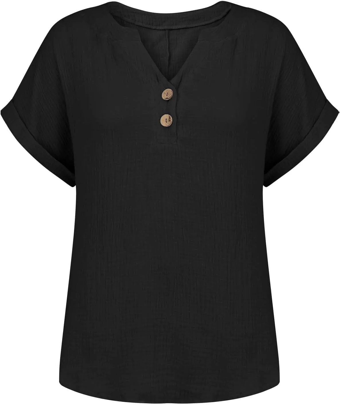 Women Cotton Linen V Neck Shirts Half Button Short Sleeve Rolled Up Work Tops Lightweight Vintage Blouses