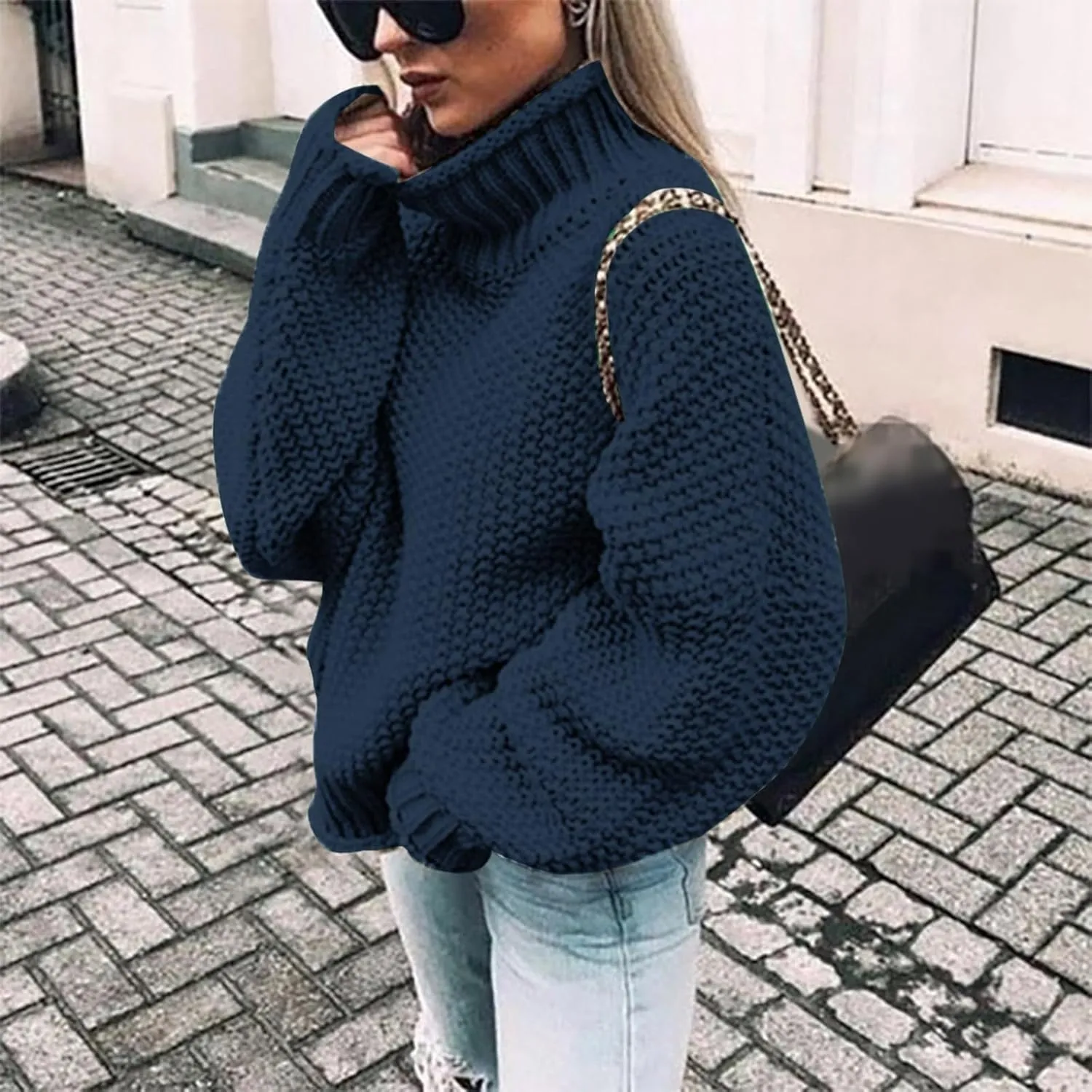 Women Fall Sweaters Mock Neck Long Sleeve Tunic Tops Ribbed Knit Chunky Casual Loose Pullover Basic Sweaters