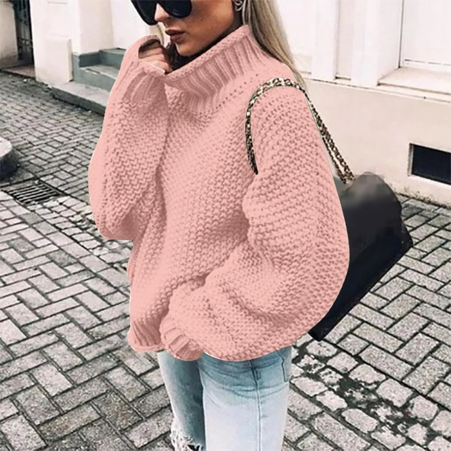 Women Fall Sweaters Mock Neck Long Sleeve Tunic Tops Ribbed Knit Chunky Casual Loose Pullover Basic Sweaters