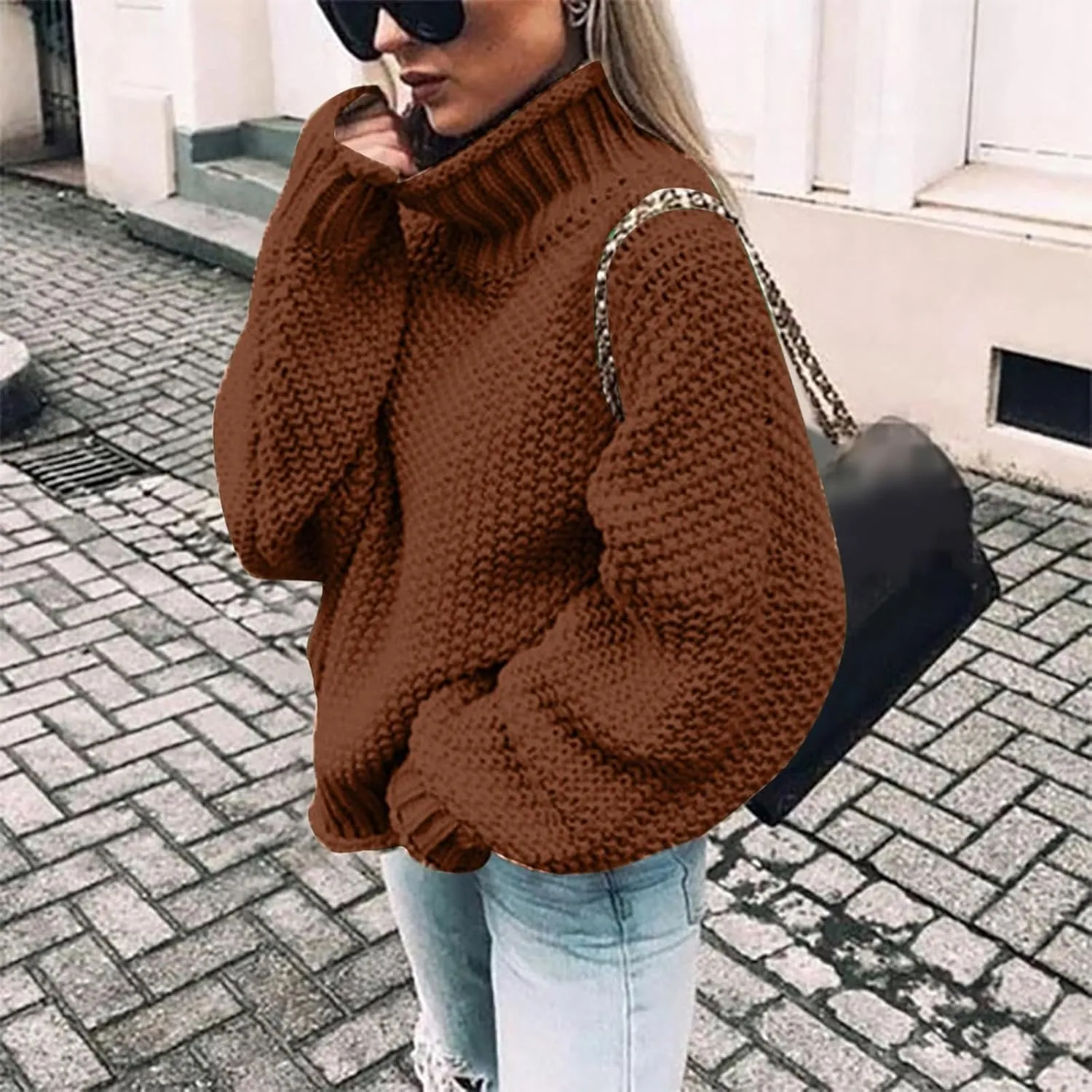 Women Fall Sweaters Mock Neck Long Sleeve Tunic Tops Ribbed Knit Chunky Casual Loose Pullover Basic Sweaters