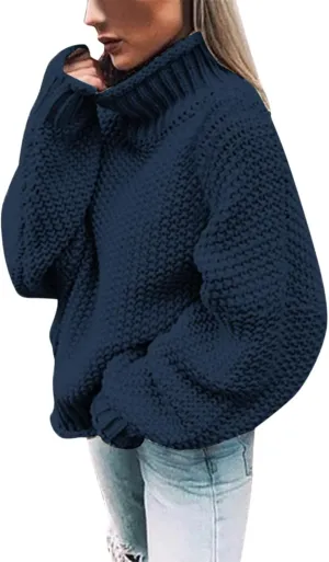 Women Fall Sweaters Mock Neck Long Sleeve Tunic Tops Ribbed Knit Chunky Casual Loose Pullover Basic Sweaters