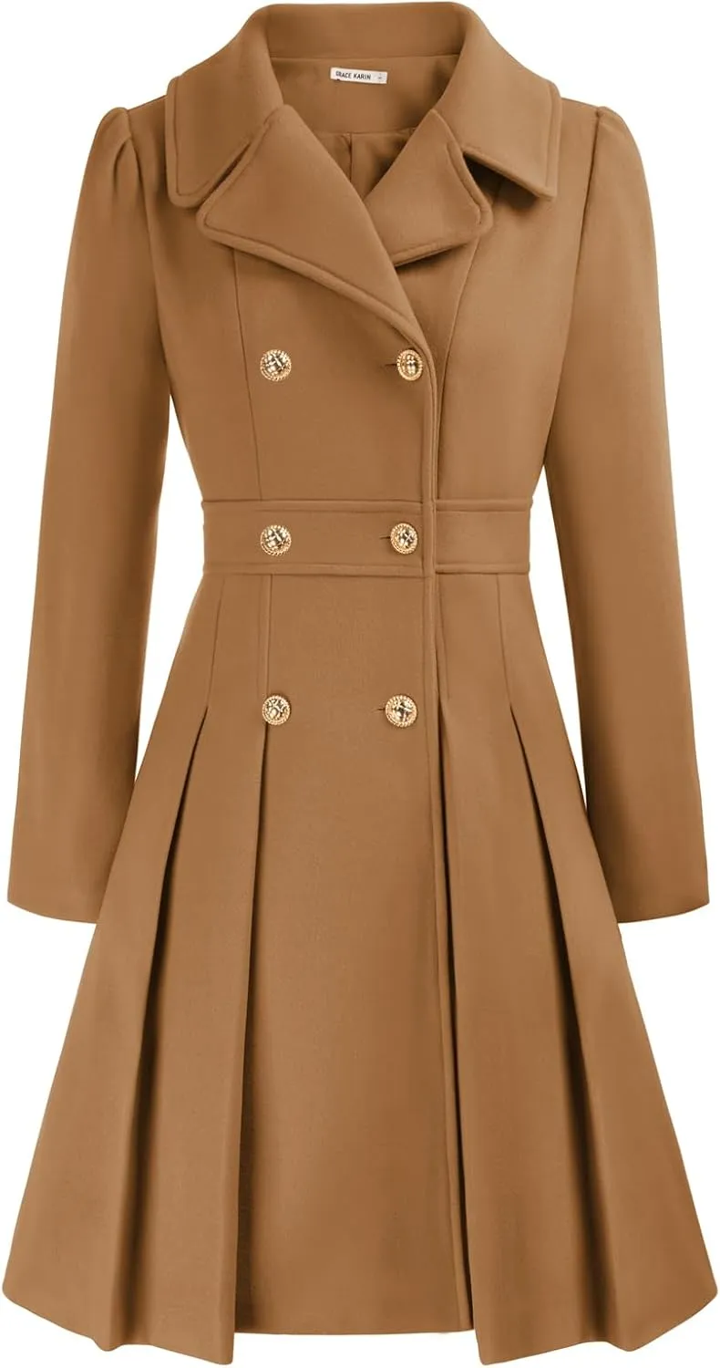 Women Fashion Lapel Double-Breasted A Line Trench Coat Jacket Camel XL