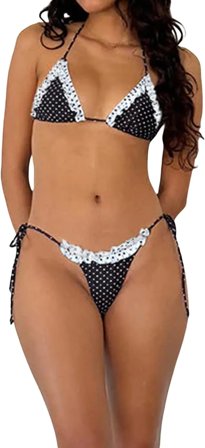 Women Halter String Bikini Set Sexy Cheeky 2pcs Swimsuits Tie Ruffle Trim Bra Triangle Thong Bathing Suit Swimwear