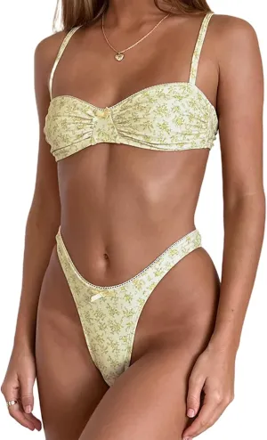Women Halter String Bikini Set Sexy Cheeky 2pcs Swimsuits Tie Ruffle Trim Bra Triangle Thong Bathing Suit Swimwear