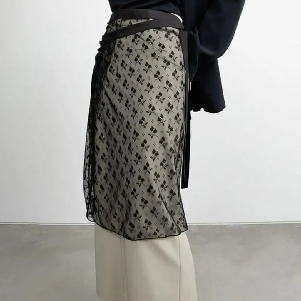 Women Korean Tie Up See Through Sequins Flower Lace Apron Skirt Sheer Layering Long Skirt Covering Overskirt Hip Scarf