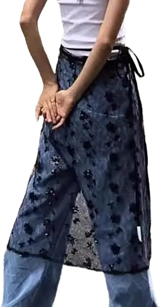 Women Korean Tie Up See Through Sequins Flower Lace Apron Skirt Sheer Layering Long Skirt Covering Overskirt Hip Scarf