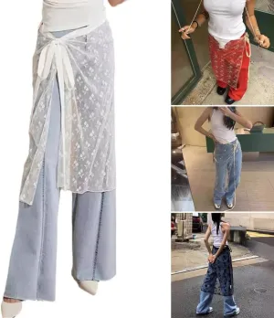 Women Korean Tie Up See Through Sequins Flower Lace Apron Skirt Sheer Layering Long Skirt Covering Overskirt Hip Scarf