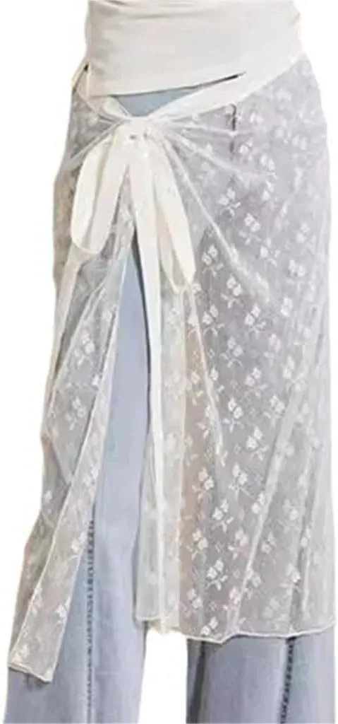 Women Korean Tie Up See Through Sequins Flower Lace Apron Skirt Sheer Layering Long Skirt Covering Overskirt Hip Scarf