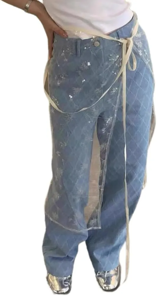 Women Korean Tie Up See Through Sequins Flower Lace Apron Skirt Sheer Layering Long Skirt Covering Overskirt Hip Scarf