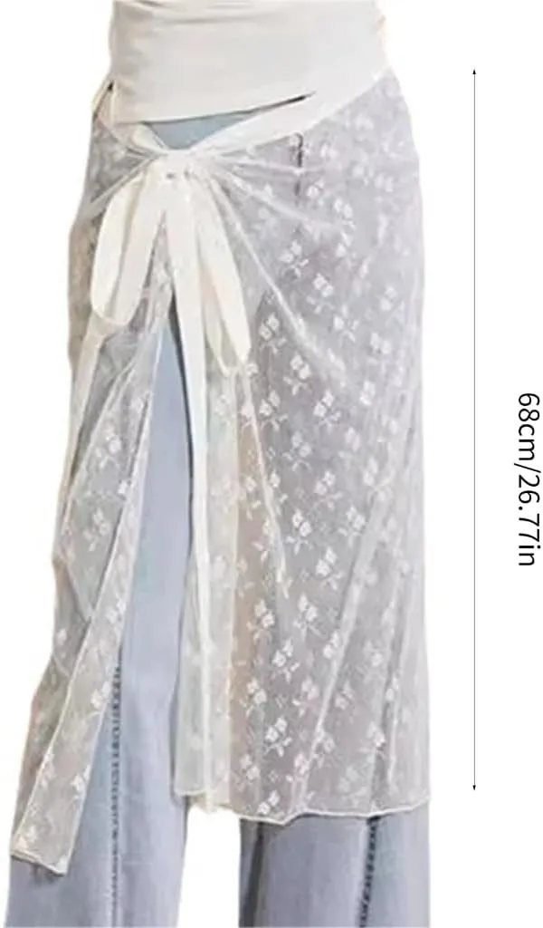 Women Korean Tie Up See Through Sequins Flower Lace Apron Skirt Sheer Layering Long Skirt Covering Overskirt Hip Scarf