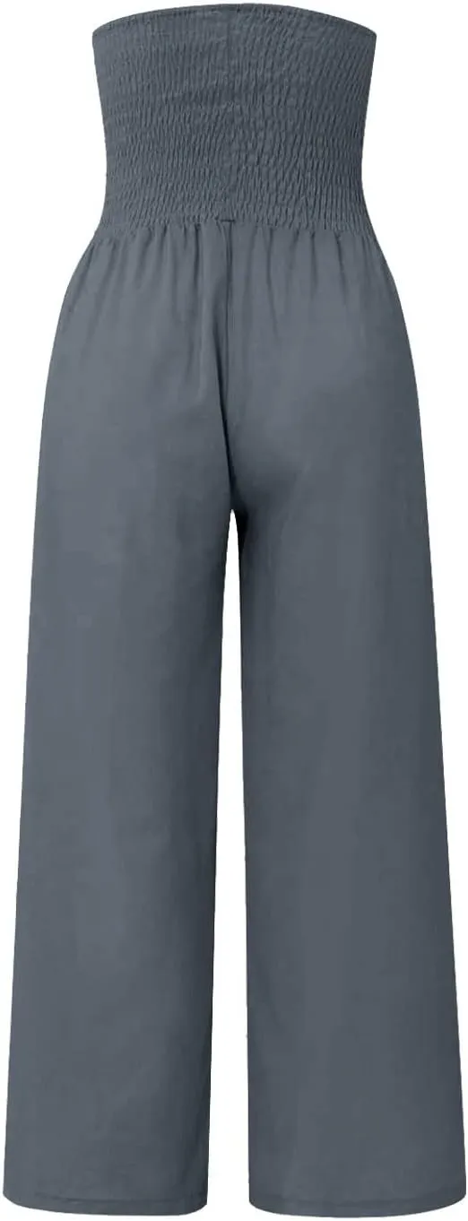 Women Linen Summer Trendy Pants Elastic Waist Ankle Length Slim Fit Pant Trousers Office