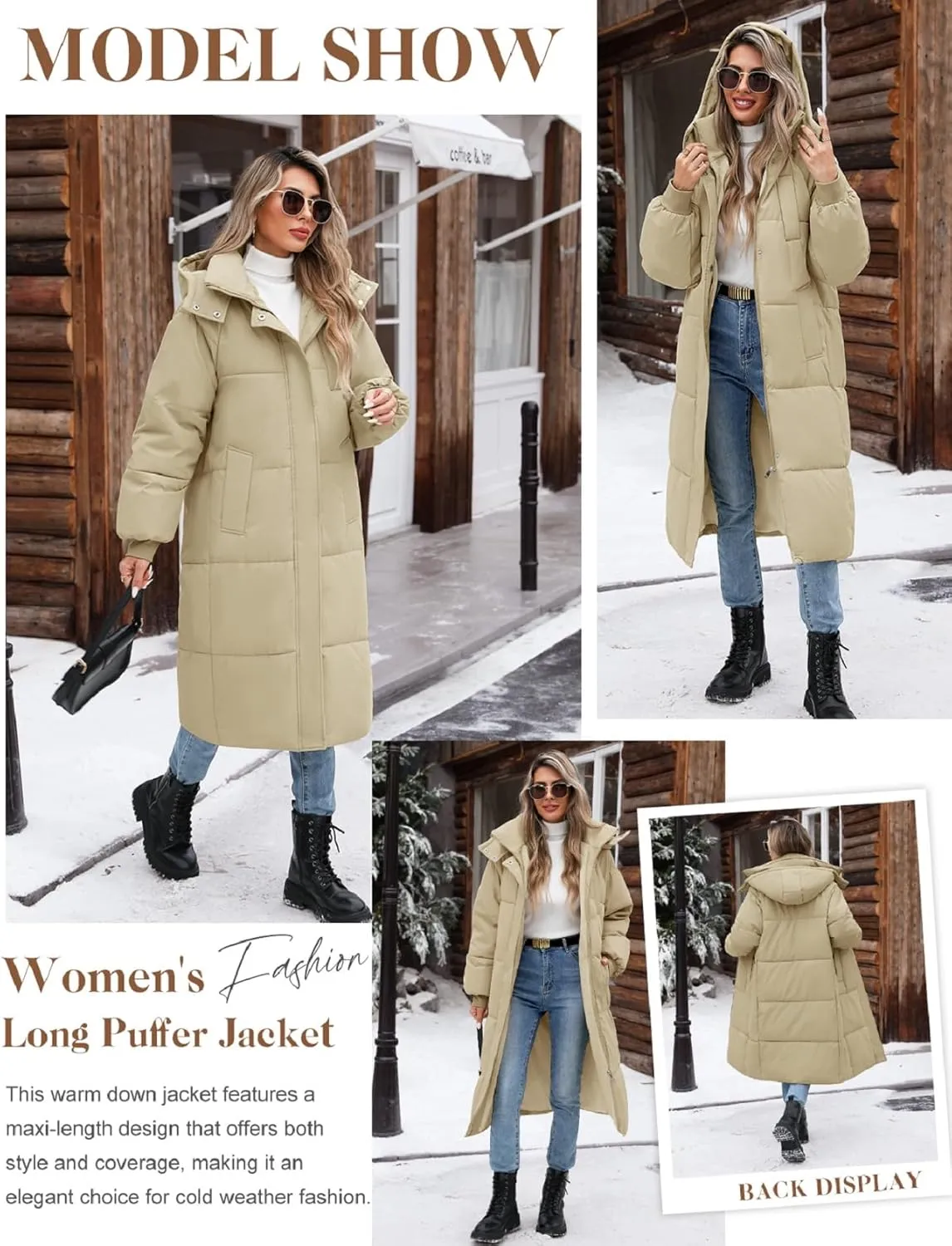 Women Long Puffer Coat Winter Warm Hooded Jacket Long Sleeve Parka Full Length Down Coats With Zip