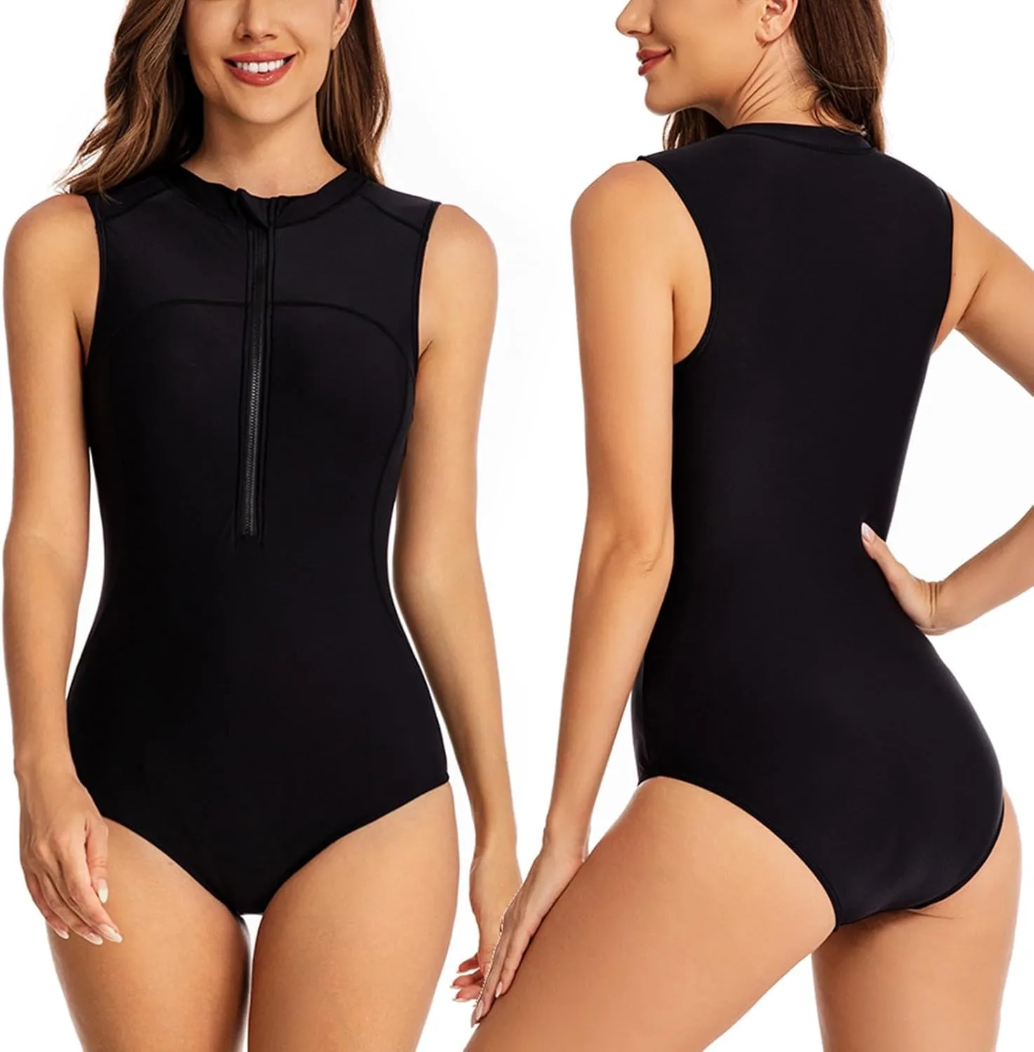 Women One Piece Sleeveless Bathing Suit Tummy Control Swimsuits High Neck Zip Front Color Block Rash Guard Swimwear
