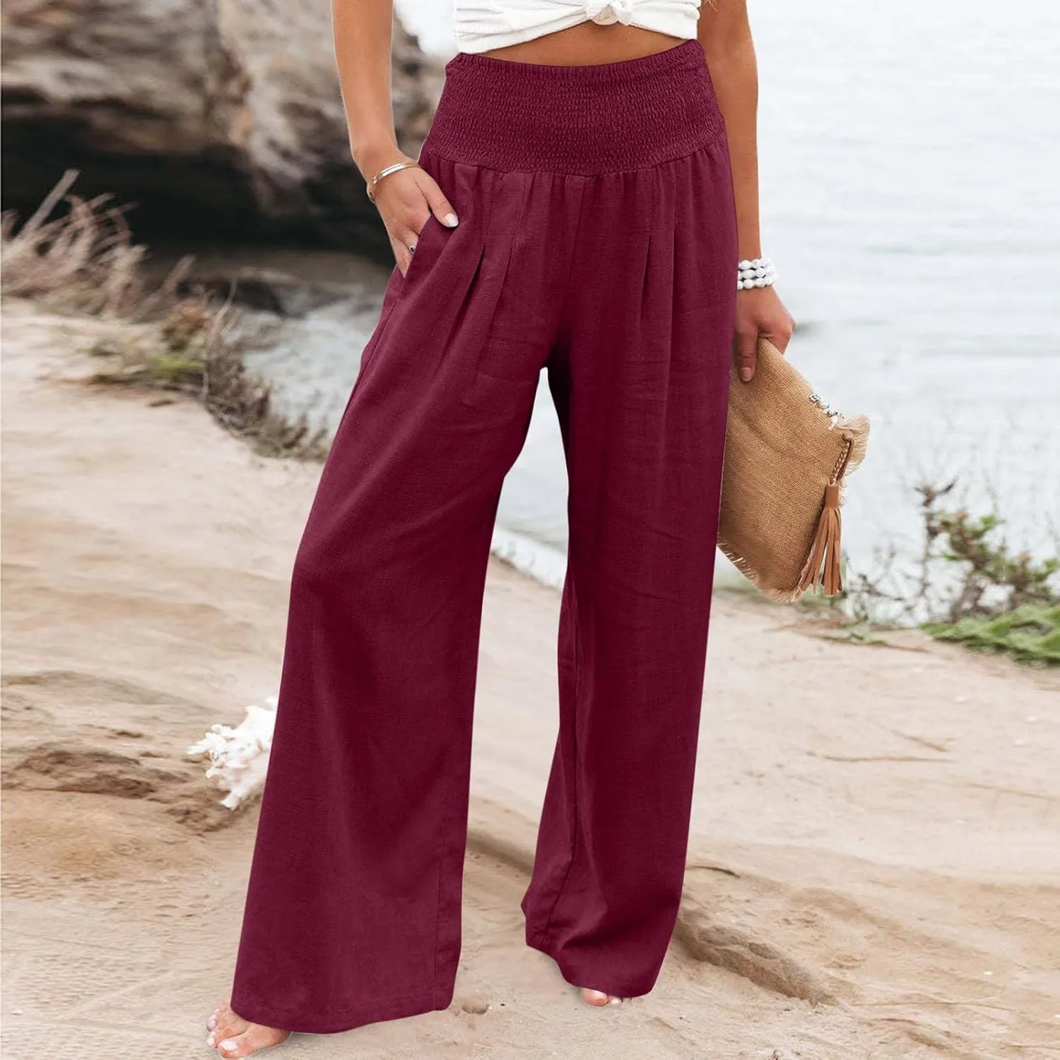 Women Palazzo High Waisted Linen Pants Casual Elastic Waist Wide Leg Pants Trousers Baggy Slacks with Pockets