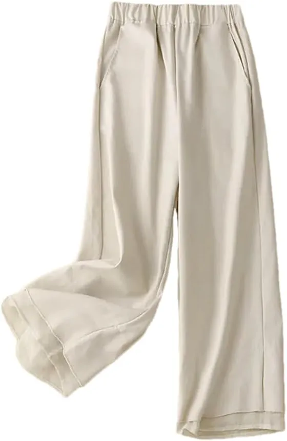 Women Patchwork Summer Lace Wide-Legs Trouser Thin Cotton Linen Casual Loose Elastic Waist Pants
