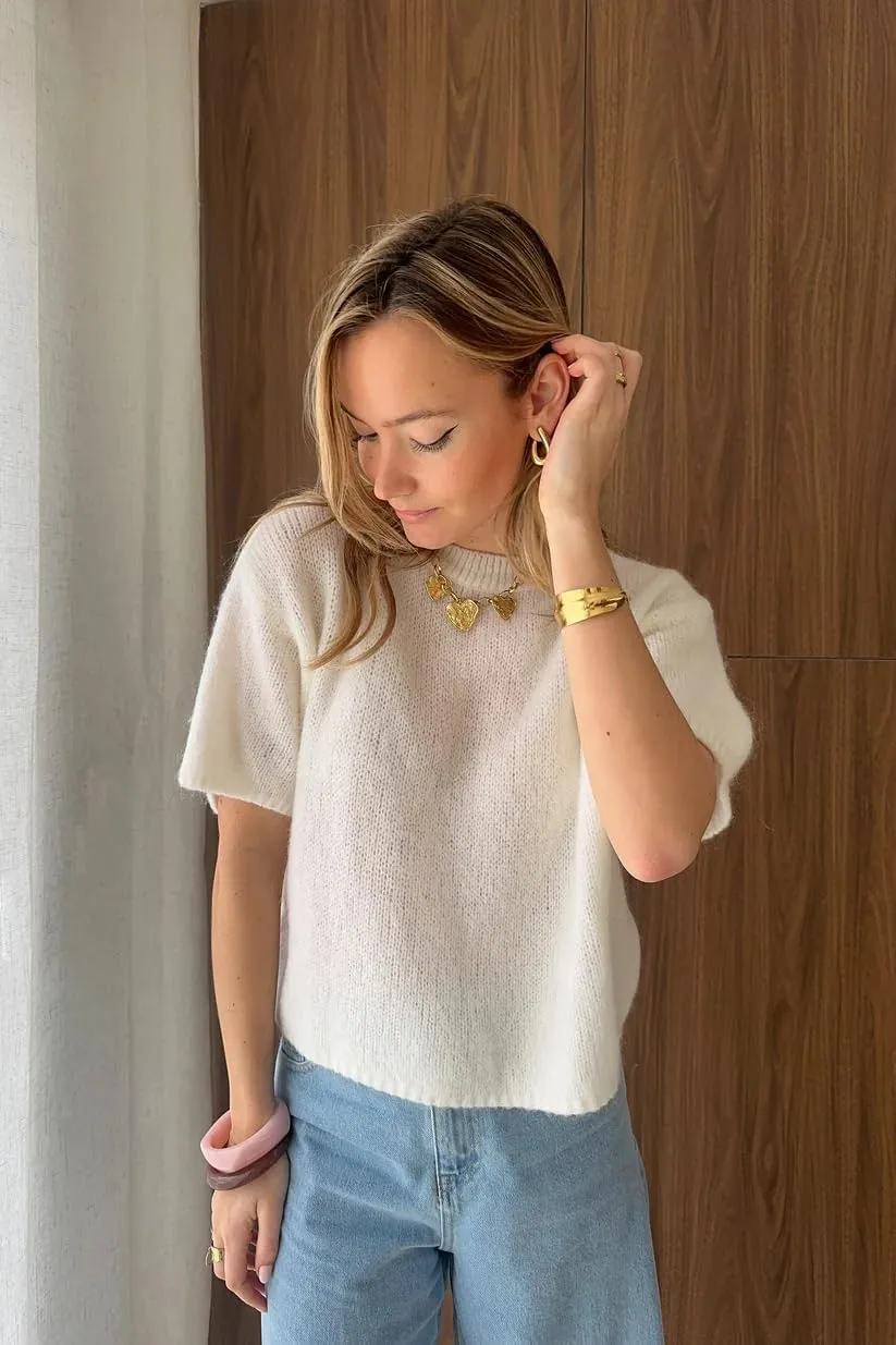 Women Short Sleeve Knitted Sweaters Solid Color Pullover Sweatshirts Summer Loose Blouses Oversized Jumpers