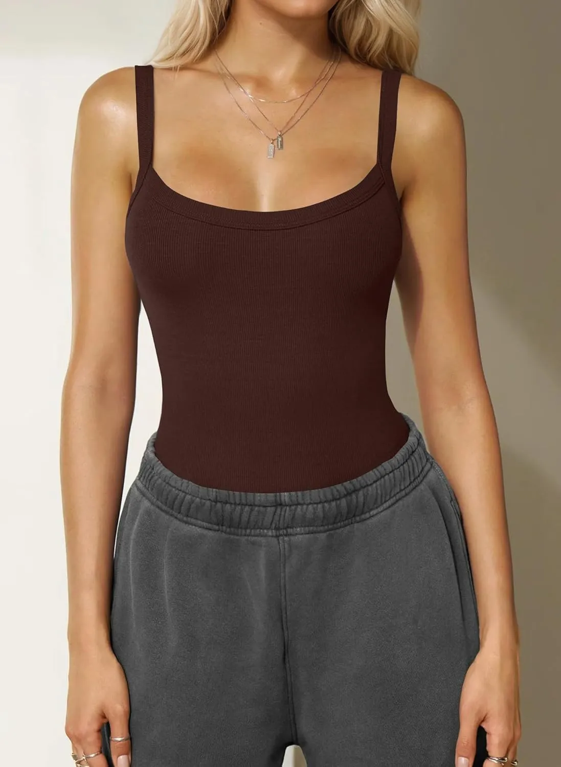 Women Spaghetti Strap Scoop Neck Tank Tops Low Back Sleeveless Slim Fit Rib Knit Camisole Basic Layering Workout Top