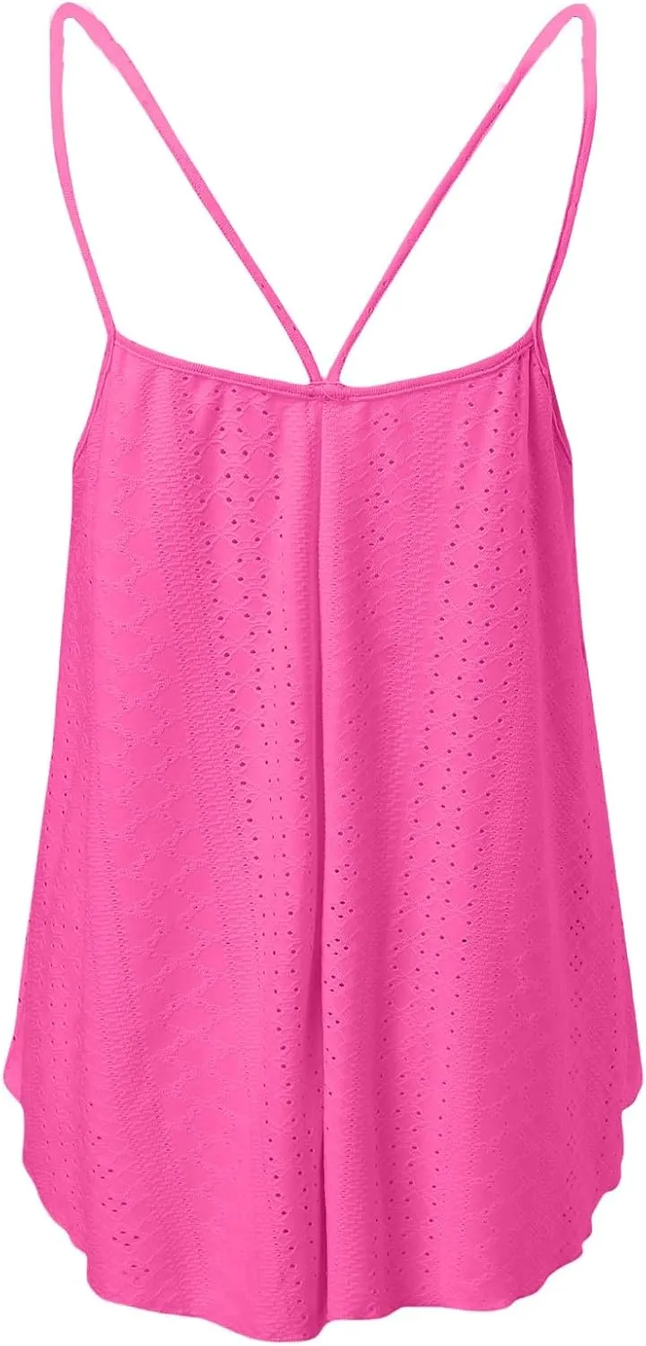 Women Summer Sleeveless Tank Tops Spaghetti Strap Cami Eyelet Embroidery Scoop Neck Loose Casual Flowy Shirts