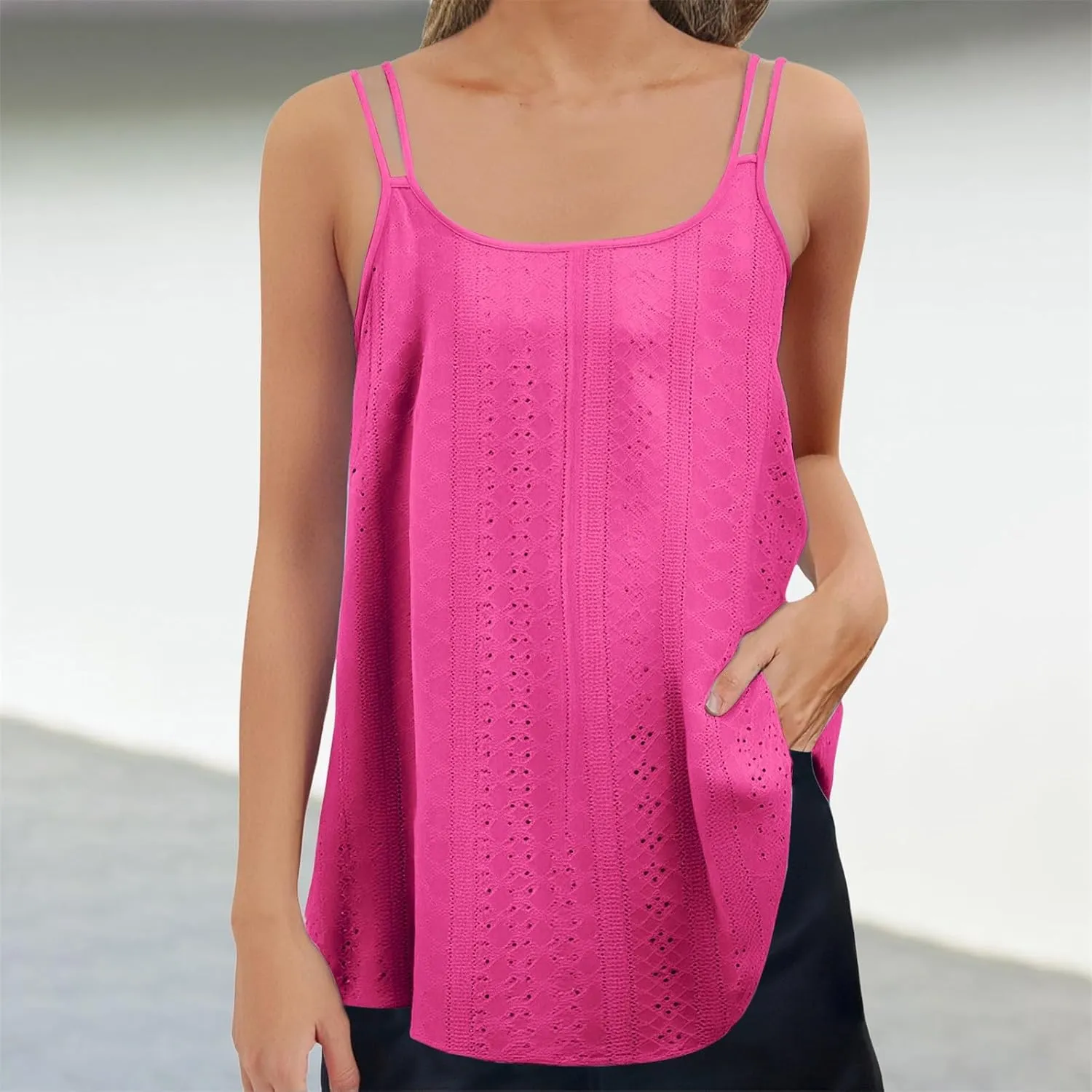 Women Summer Sleeveless Tank Tops Spaghetti Strap Cami Eyelet Embroidery Scoop Neck Loose Casual Flowy Shirts