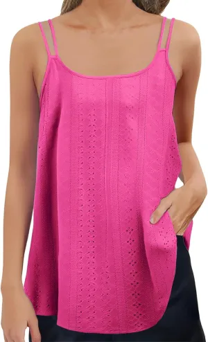 Women Summer Sleeveless Tank Tops Spaghetti Strap Cami Eyelet Embroidery Scoop Neck Loose Casual Flowy Shirts