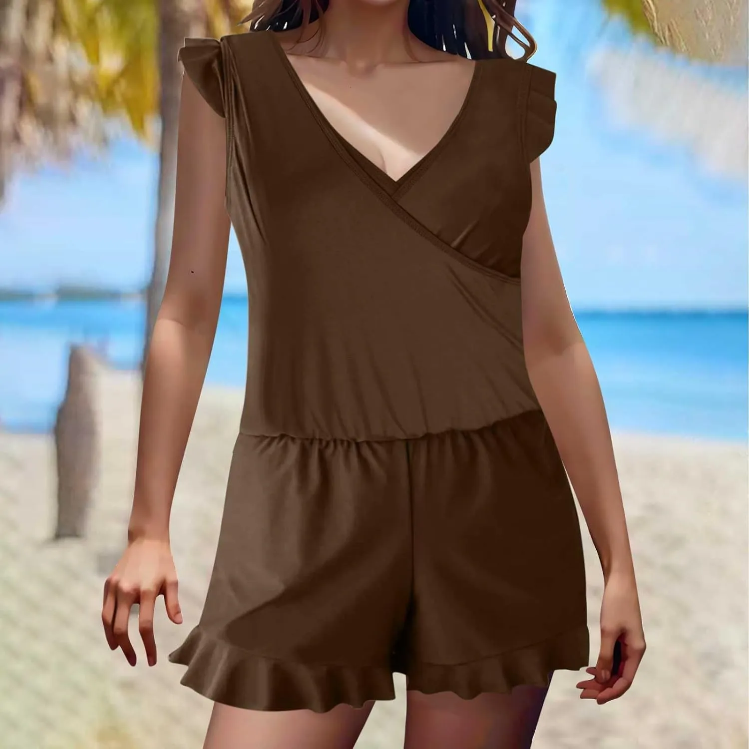 Women Swim Romper with Built in Bra and Pockets, One Piece Full Coverage Bathing Suits Boyleg Jumpsuit Swimsuit