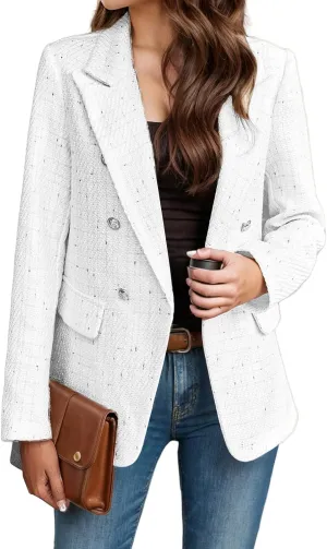 Women Tweed Blazers Jackets Double-Breasted Open Front Fashion Coat Casual Work Office Suit Top with Pockets