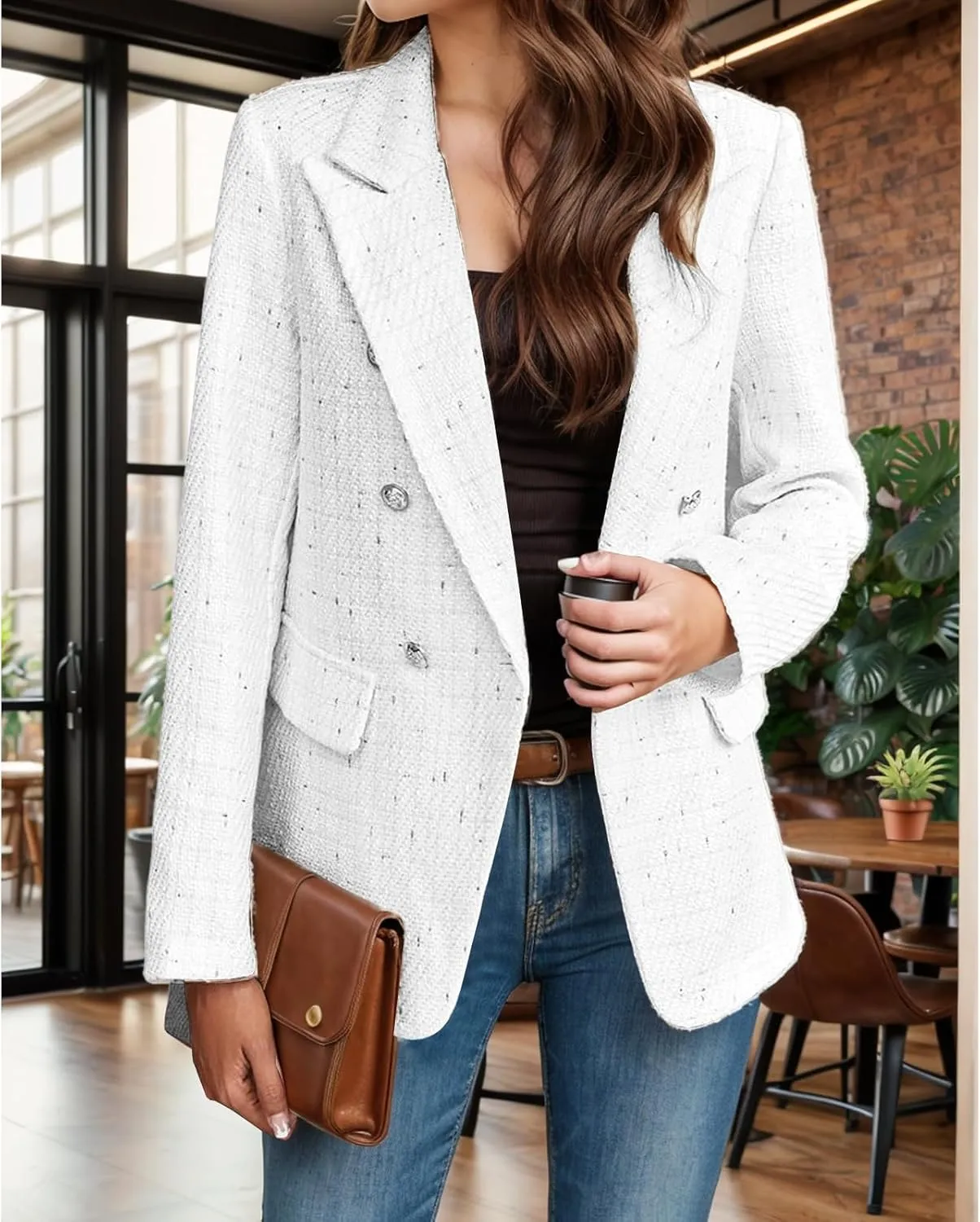 Women Tweed Blazers Jackets Double-Breasted Open Front Fashion Coat Casual Work Office Suit Top with Pockets
