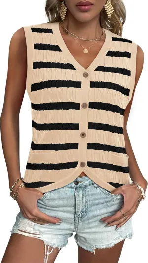 Women V Neck Sweater Vest Cable Knit Button Down Striped Tank Top Casual Crochet Knitted Sleeveless Cardigan