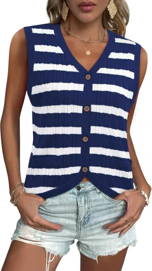 Women V Neck Sweater Vest Cable Knit Button Down Striped Tank Top Casual Crochet Knitted Sleeveless Cardigan