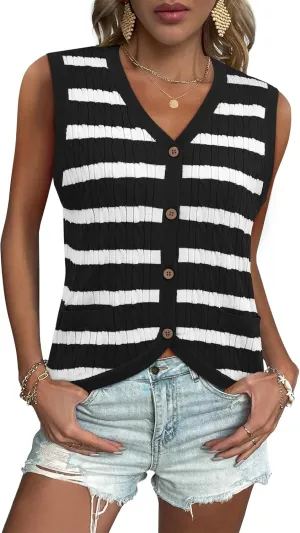 Women V Neck Sweater Vest Cable Knit Button Down Striped Tank Top Casual Crochet Knitted Sleeveless Cardigan