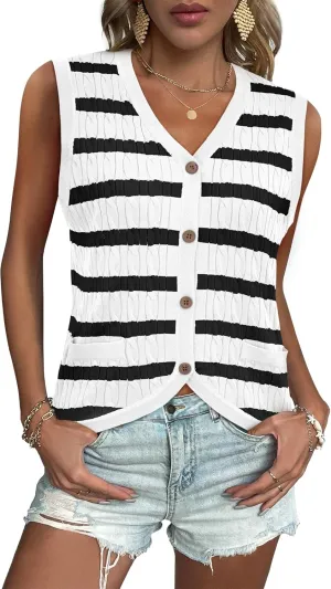 Women V Neck Sweater Vest Cable Knit Button Down Striped Tank Top Casual Crochet Knitted Sleeveless Cardigan