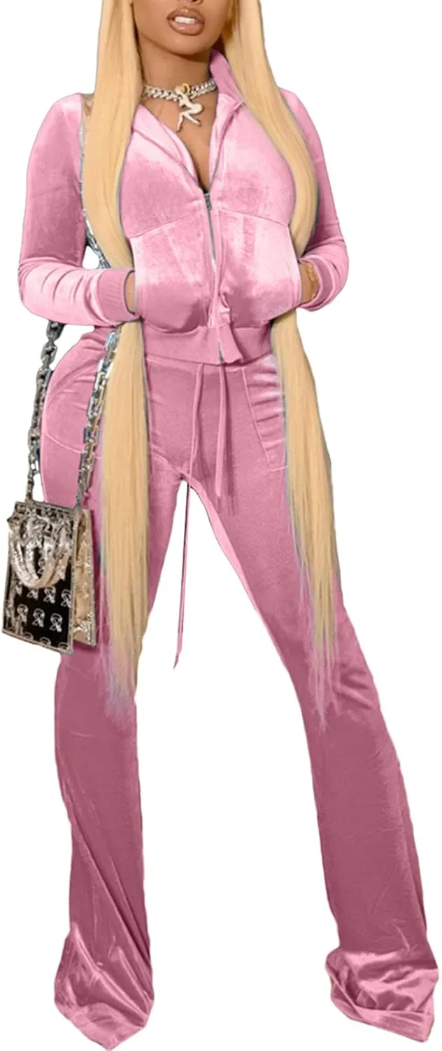 Women Velour 2 Piece Outfits Zip Crop Jackets Wide Leg Pants Sets Tracksuits