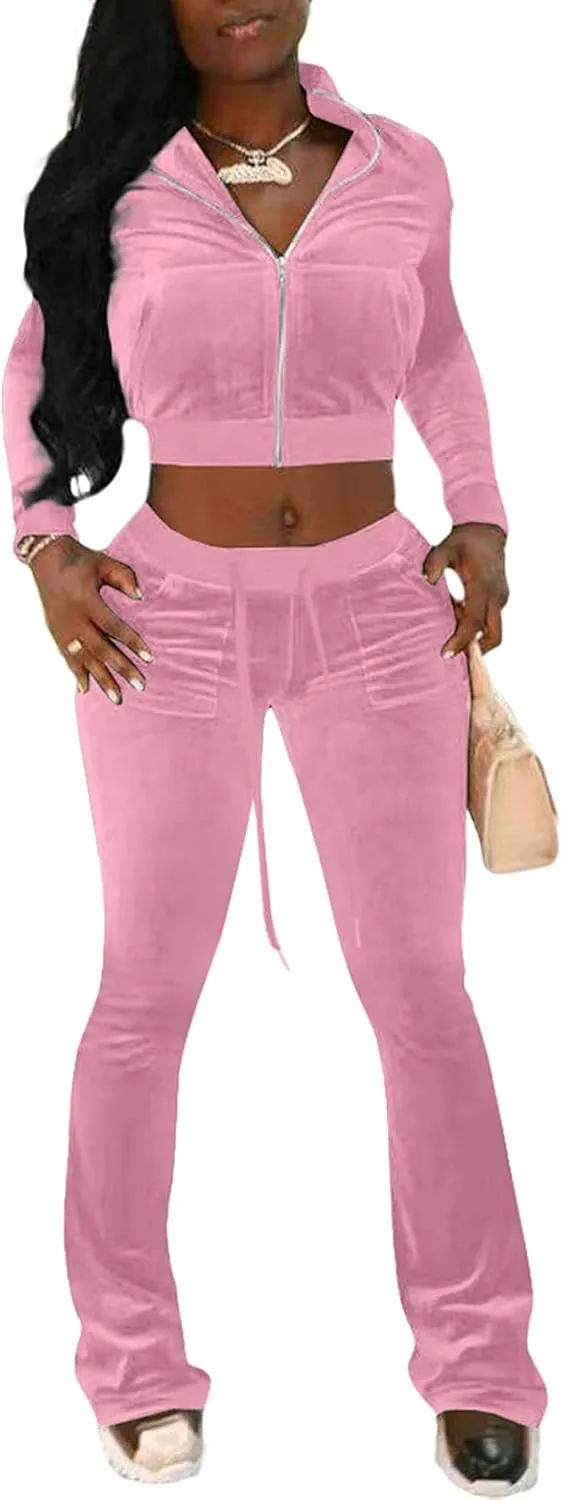 Women Velour 2 Piece Outfits Zip Crop Jackets Wide Leg Pants Sets Tracksuits